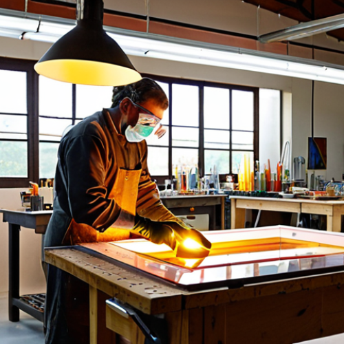 A high-quality photo of a bustling, well-equipped glass art studio in Brazil or Portugal. An artisan, wearing safety gear (gloves and protective glasses), is intensely focused on working with a glowing glass piece using a torch, with visible light reflections. In the background, a large, active glass fusion furnace emits a soft glow. Shelves are neatly organized with a vibrant array of raw colored glass sheets, and various specialized tools like cutting tables and sanders are visible. The studio space features high ceilings, strong ventilation, and ample natural light, conveying an atmosphere of focused creativity, craftsmanship, and the inherent warmth of the glass-making process.