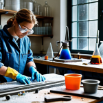 Clean Glassblowing Workspace**

"A brightly lit glassblowing studio with a craftsperson carefully cleaning their workbench, removing small glass shards and dust. They are wearing appropriate safety glasses and gloves, fully clothed in a practical work outfit. The background shows organized tools and equipment. safe for work, appropriate content, family-friendly, perfect anatomy, correct proportions, professional, high quality."

**