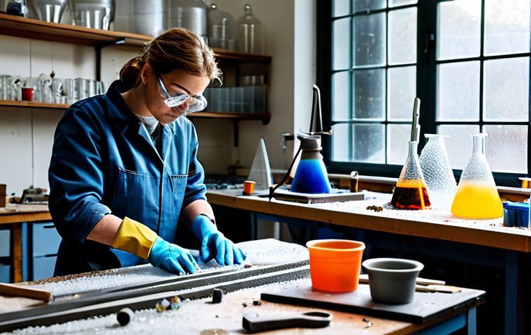 Clean Glassblowing Workspace**
"A brightly lit glassblowing studio with a craftsperson carefully cleaning their workbench, removing small glass shards and dust. They are wearing appropriate safety glasses and gloves, fully clothed in a practical work outfit. The background shows organized tools and equipment. safe for work, appropriate content, family-friendly, perfect anatomy, correct proportions, professional, high quality."
**