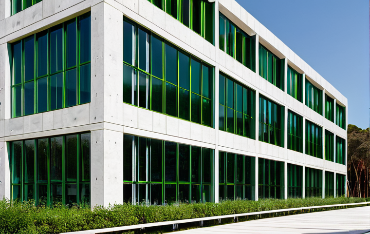Sustainable Construction**
"Modern building facade featuring large windows made of recycled glass, Parque Empresarial da Península de Setúbal in the background, lush green landscaping, promoting energy efficiency and natural light, fully clothed people visible inside, safe for work, appropriate content, professional architecture photography, perfect anatomy, natural proportions, modest clothing."
**