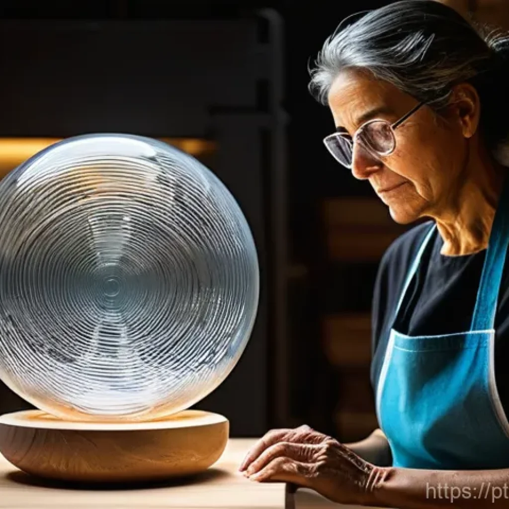 유리공예와 3D 프린팅 기술 접목 - **Prompt:** A Portuguese master glass artisan, a woman aged around 55 with kind eyes and protective ...
