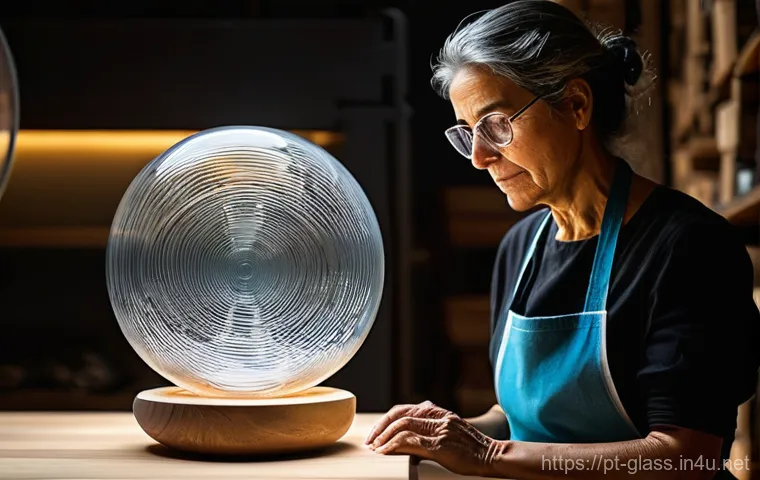 유리공예와 3D 프린팅 기술 접목 - **Prompt:** A Portuguese master glass artisan, a woman aged around 55 with kind eyes and protective ...