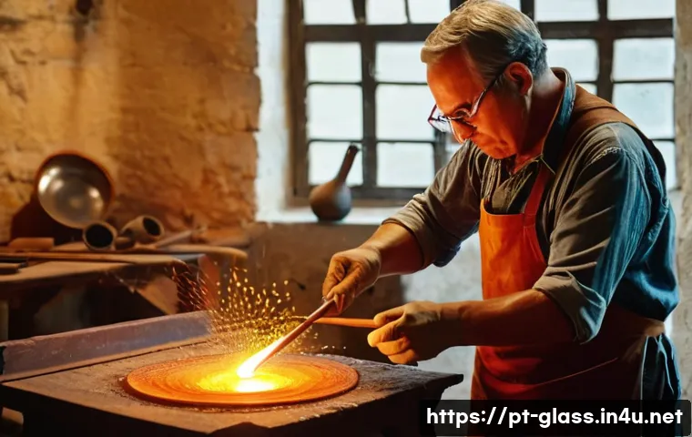 유리공예와 유리 리사이클링 - **A master glassblower at work in a traditional Portuguese atelier in Caldas da Rainha.** The scene ...