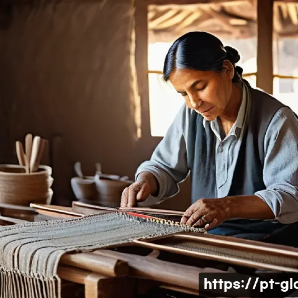 유리공예와 전통 공예 비교 - A skilled artisan in a traditional workshop, weaving natural fibers on a wooden loom, surrounded by ...