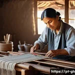 Home 19 유리공예와 전통 공예 비교 - A skilled artisan in a traditional workshop, weaving natural fibers on a wooden loom, surrounded by ...