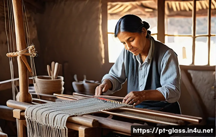 유리공예와 전통 공예 비교 - A skilled artisan in a traditional workshop, weaving natural fibers on a wooden loom, surrounded by ...