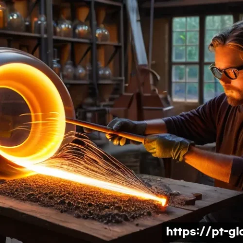Home 33 핸드메이드 유리공예 기법 - A skilled artisan wearing heat-resistant gloves and protective glasses, expertly blowing molten glas...