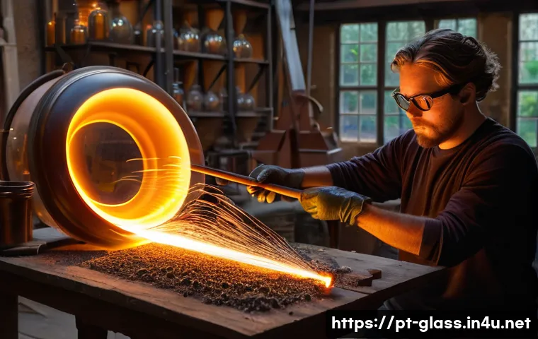 핸드메이드 유리공예 기법 - A skilled artisan wearing heat-resistant gloves and protective glasses, expertly blowing molten glas...
