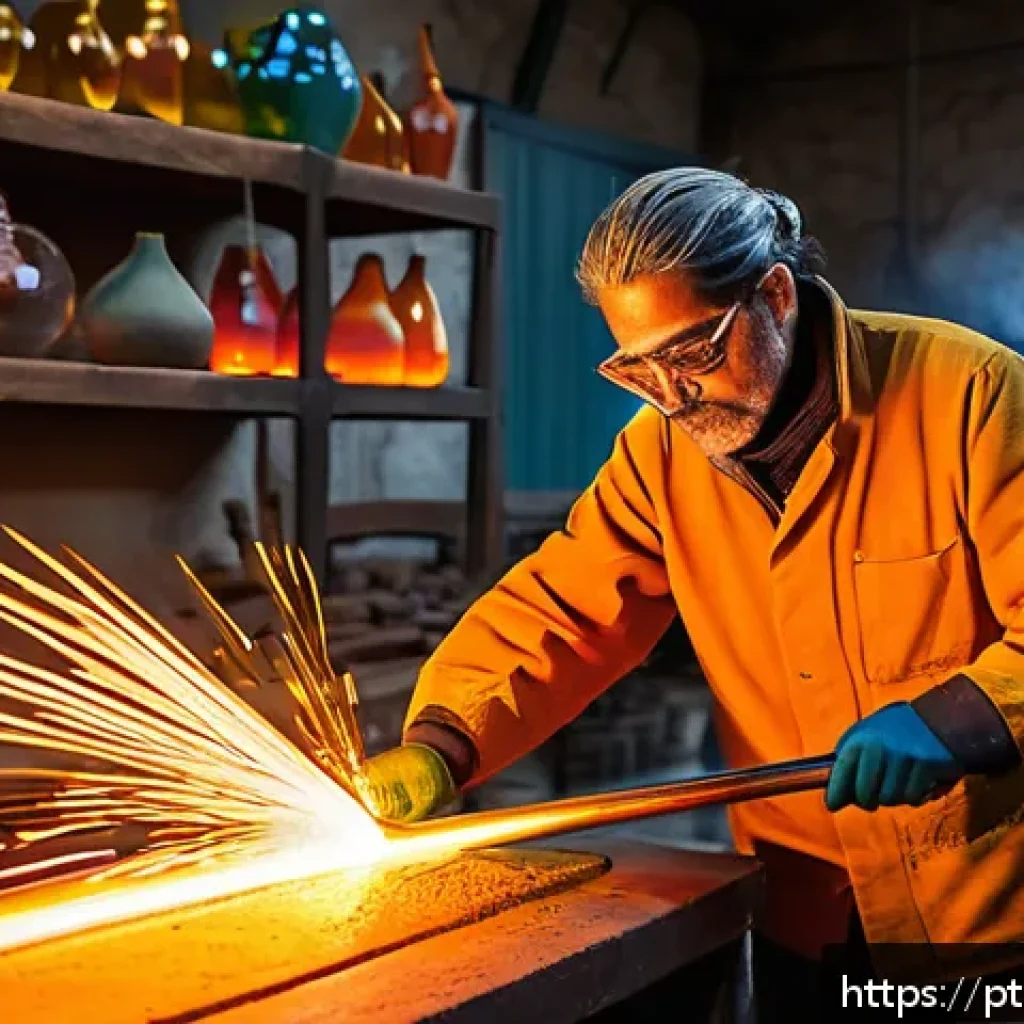 유리공예와 전통 유리 공예 장인 - A skilled glass artisan wearing protective clothing and safety glasses, expertly blowing molten glas...