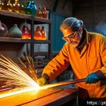 Home 20 유리공예와 전통 유리 공예 장인 - A skilled glass artisan wearing protective clothing and safety glasses, expertly blowing molten glas...