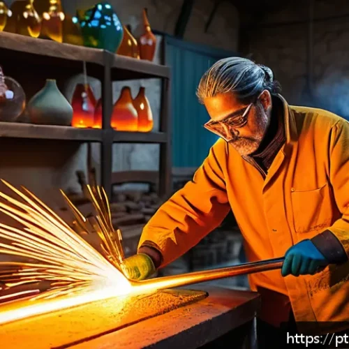Home 32 유리공예와 전통 유리 공예 장인 - A skilled glass artisan wearing protective clothing and safety glasses, expertly blowing molten glas...