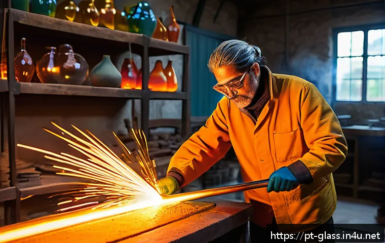 유리공예와 전통 유리 공예 장인 - A skilled glass artisan wearing protective clothing and safety glasses, expertly blowing molten glas...