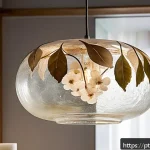 Home 19 유리공예 반제품 활용법 - A close-up of an artisanal recycled glass pendant lamp featuring embedded dried leaves and pressed f...