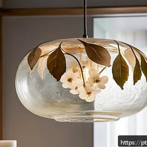 Home 31 유리공예 반제품 활용법 - A close-up of an artisanal recycled glass pendant lamp featuring embedded dried leaves and pressed f...