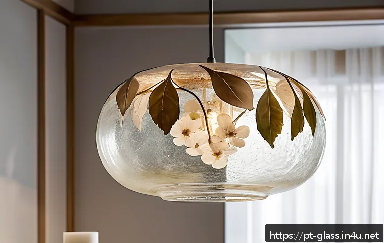 유리공예 반제품 활용법 - A close-up of an artisanal recycled glass pendant lamp featuring embedded dried leaves and pressed f...