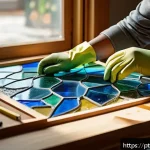 Home 18 유리공예 DIY 키트 추천 - A beginner artist carefully assembling a colorful DIY stained glass project indoors, wearing protect...