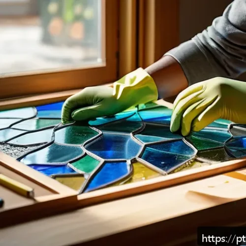 Home 30 유리공예 DIY 키트 추천 - A beginner artist carefully assembling a colorful DIY stained glass project indoors, wearing protect...