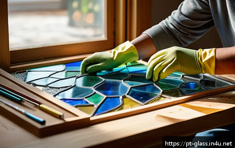 유리공예 DIY 키트 추천 - A beginner artist carefully assembling a colorful DIY stained glass project indoors, wearing protect...