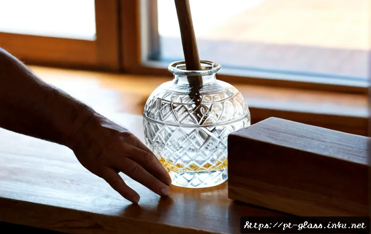 유리공예와 나무 공예 결합 - Photorealistic artisan workspace in Portugal, a clear hand-blown glass vase seamlessly nested into a...