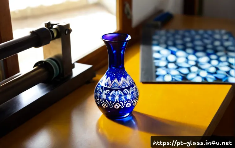 Home 17 유리공예와 UV 프린팅 응용 - Photorealistic artisan glass workshop in Portugal, close-up of a clear handblown glass vase beside a...