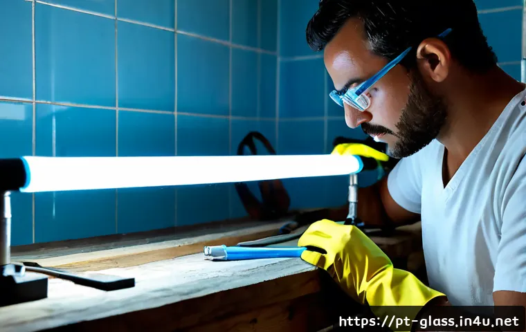 유리공예 LED 네온사인 제작법 - Photorealistic close-up of a Portuguese glass artisan shaping a glowing cyan LED neon-style tube ins...
