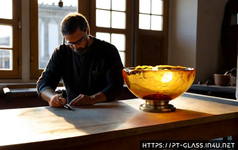 Home 17 유리공예와 금속 공예 융합 - Photorealistic artisan studio scene in Portugal, a skilled craftsperson wearing protective glasses s...